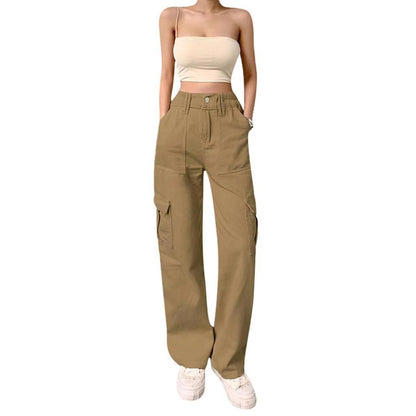 Women Fashion Casual Solid Color High-Waist Multi-Pocket Slim-Fit Pants
