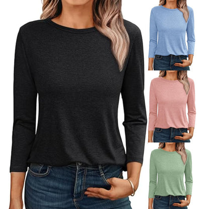 Camiseta informal holgada de manga larga con cuello redondo para mujer