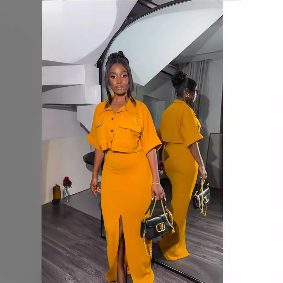 Conjunto de dos piezas formado por camisa y falda con abertura y manga corta, informal, de verano, para mujer