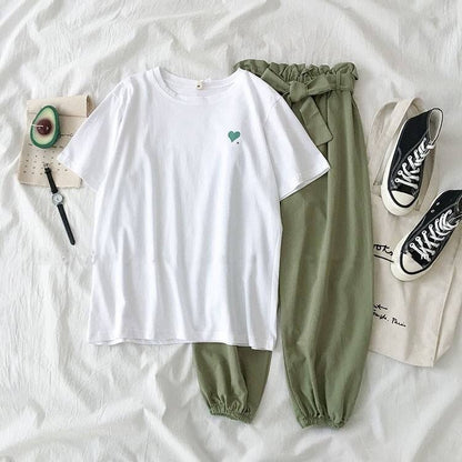 Conjunto deportivo informal de verano para mujer, camiseta de manga corta con estampado de corazón y pantalones largos con cintura elástica