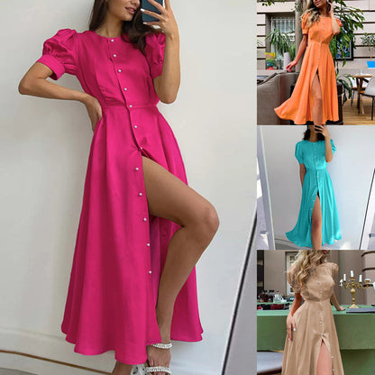 Women Casual Summer Vacation Solid Color High Waist Split Midi Short Sleeve Dress
