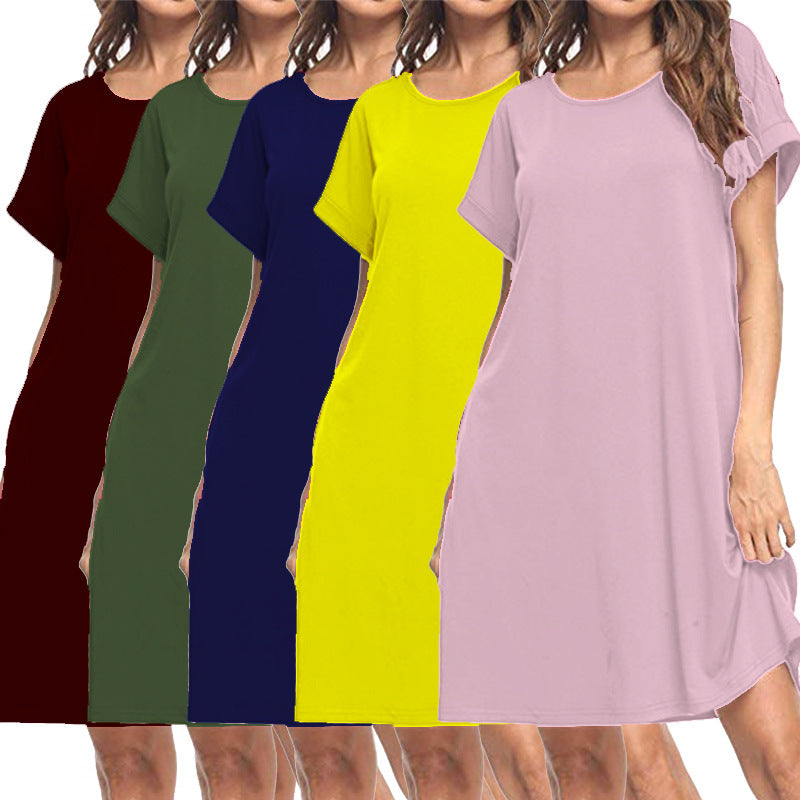 Vestido informal básico de verano de manga corta en color liso para mujer