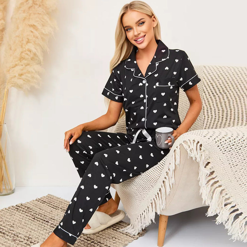 Conjunto de pijama informal de manga corta con estampado de corazones para mujer