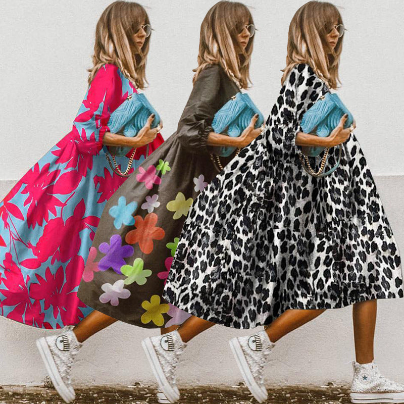 Summer Women Casual Edgy Short Sleeves Round Neck Floral Print Loose Dress