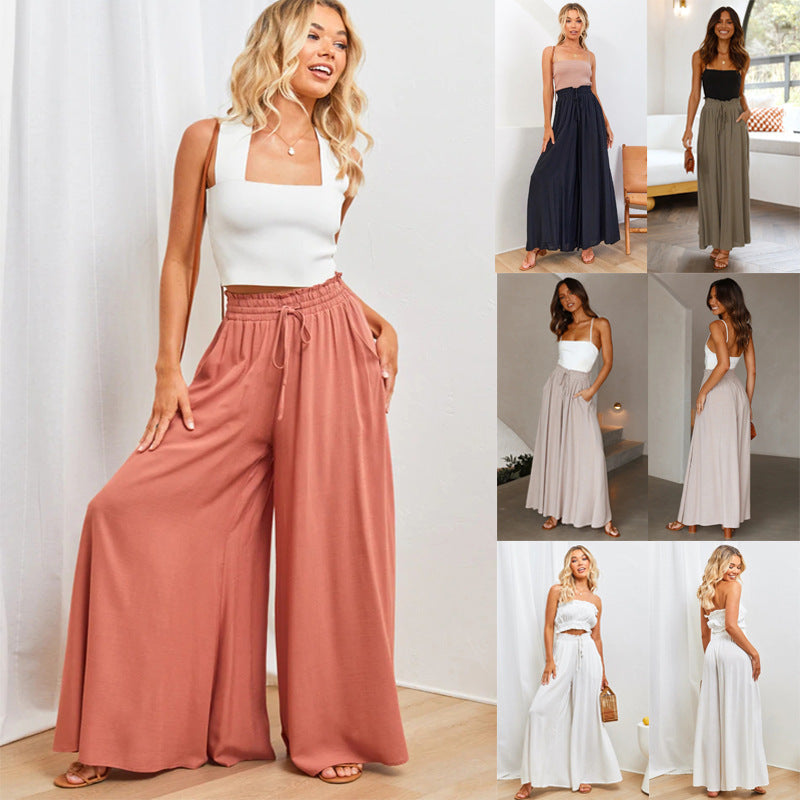 Summer Women'S Loose Casual Solid Color High Waist Wide Leg Vacation Pants