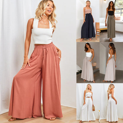 Summer Women'S Loose Casual Solid Color High Waist Wide Leg Vacation Pants