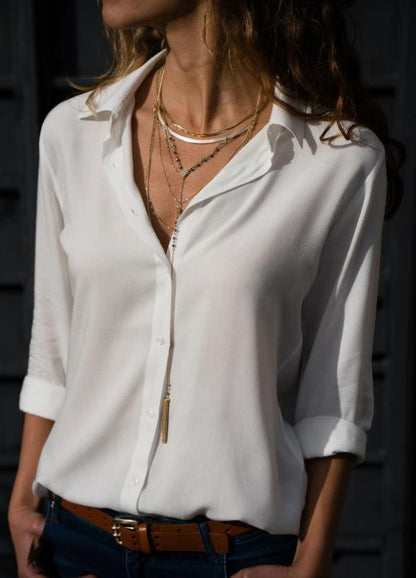 Blusa informal básica de gasa con botones y manga larga para mujer