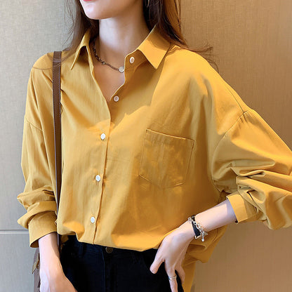 Camisa informal de manga larga con solapa y color liso para mujer