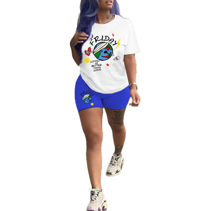 Conjunto de dos piezas informal de moda para mujer con camiseta de manga corta y pantalones cortos ajustados con estampado de letras de la Tierra