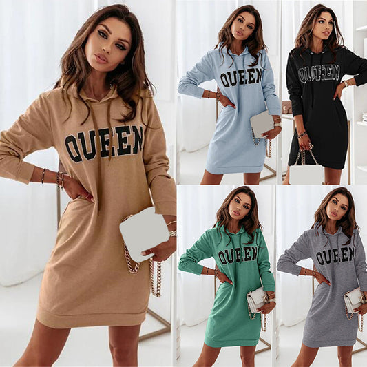 Vestido informal de manga larga con capucha y letras para mujer, otoño e invierno