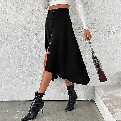 Autumn Women Casual Solid Color Single Buttons Irregular Skirt