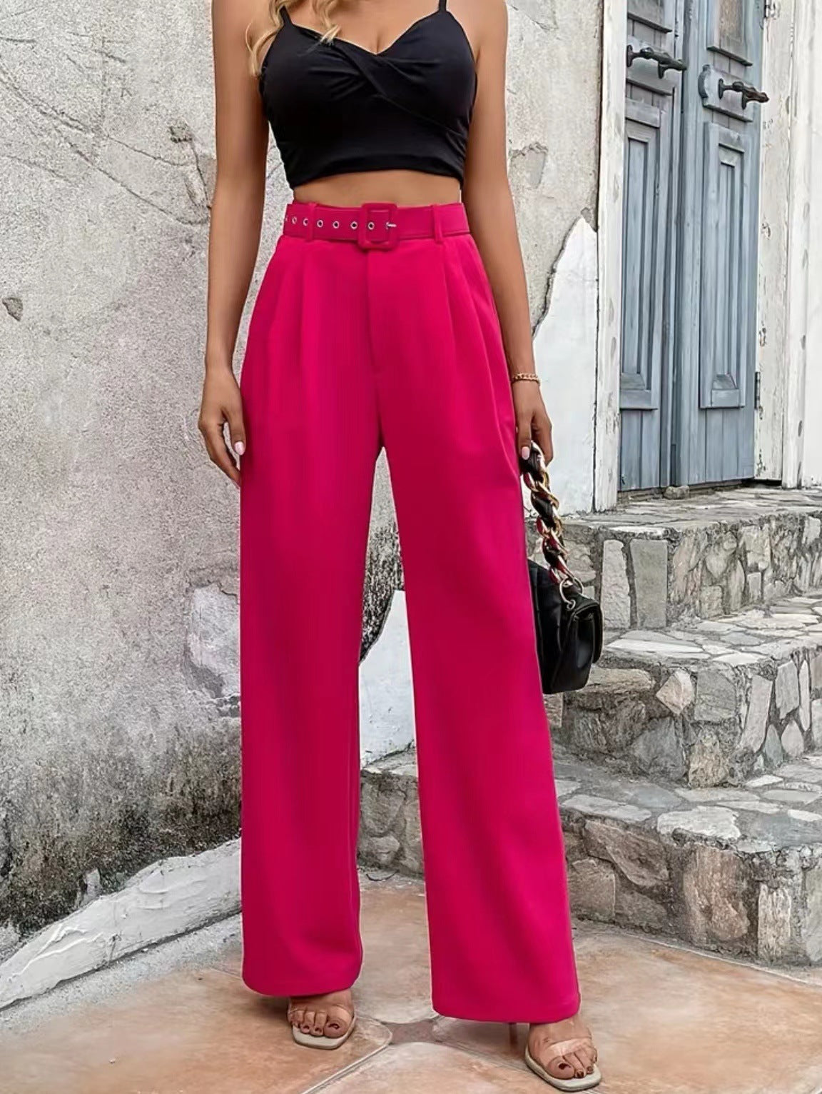 Women Fashion Casual High Waist Solid Color Straight Leg Pants