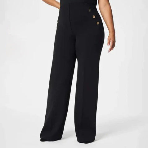 Women Fashion Casual High Waist Button Elastic Straight Pants