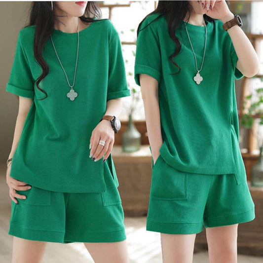 Conjunto de dos piezas de camiseta holgada de manga corta y pantalones cortos informales para mujer