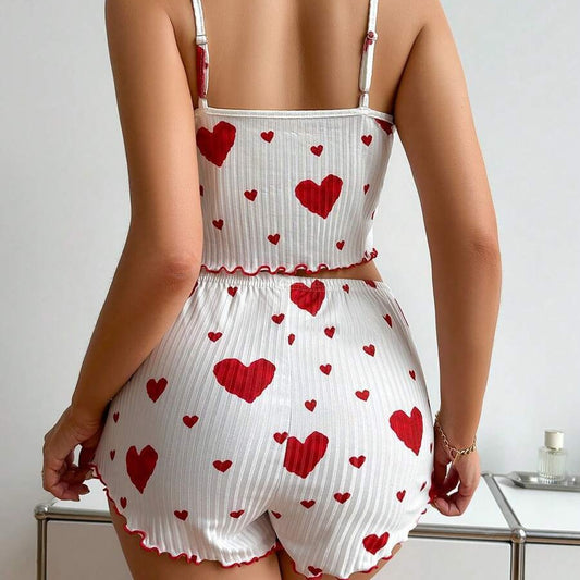 Conjunto de pijama de dos piezas con camisola y pantalones cortos holgados con estampado de amor informal a la moda para mujer