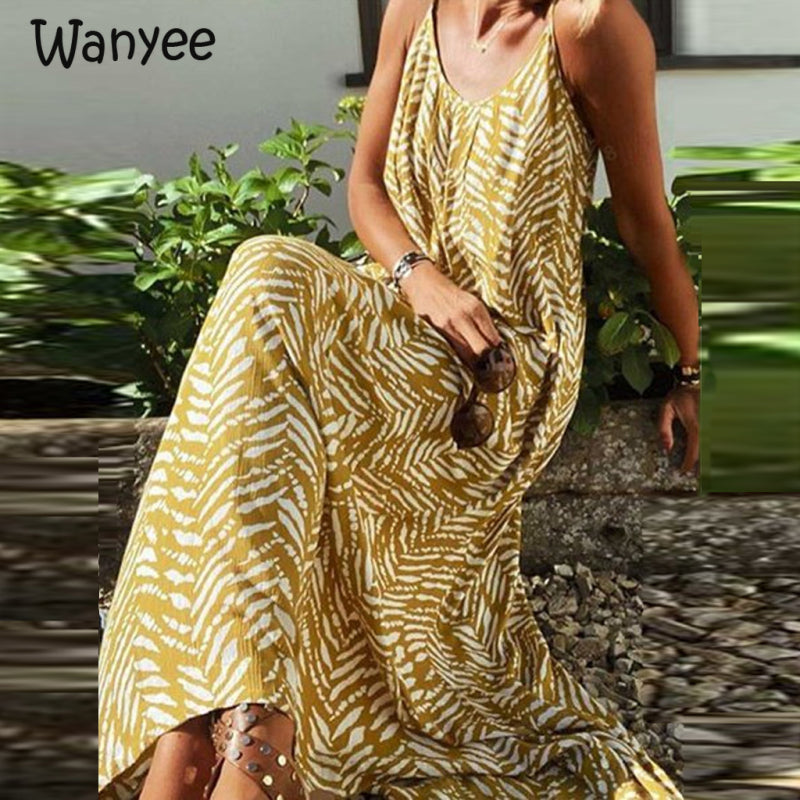 Women Casual Fashion Summer Casual Backless Beach Striped Bohemian Maxi Dress