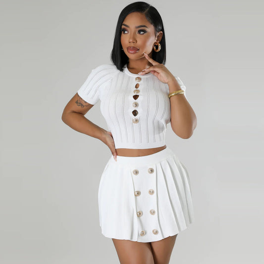 Conjunto de dos piezas formado por top corto, falda y cuello redondo, de punto elástico, informal, a la moda para mujer