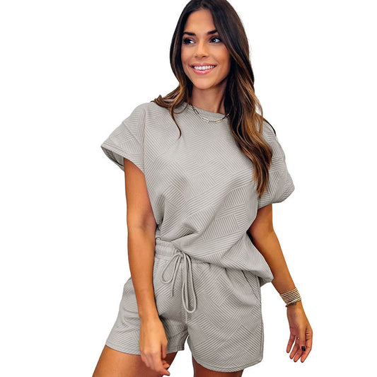 Conjunto de blusa y pantalones cortos de manga corta a cuadros de color liso informal para mujer