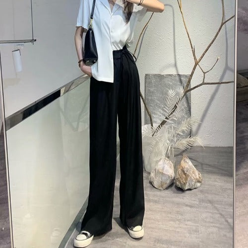 Women Fashion Casual Solid Color Bowknot Office Chic Wide Leg Pants