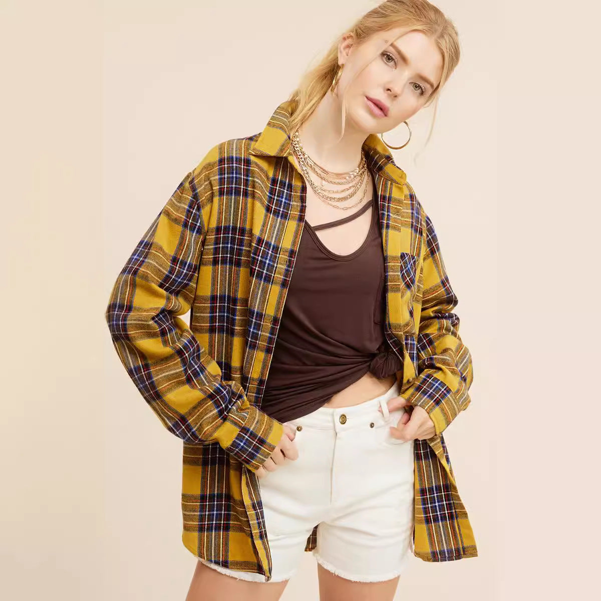 Chaqueta informal a cuadros con bolsillo de láser y botonadura sencilla para mujer