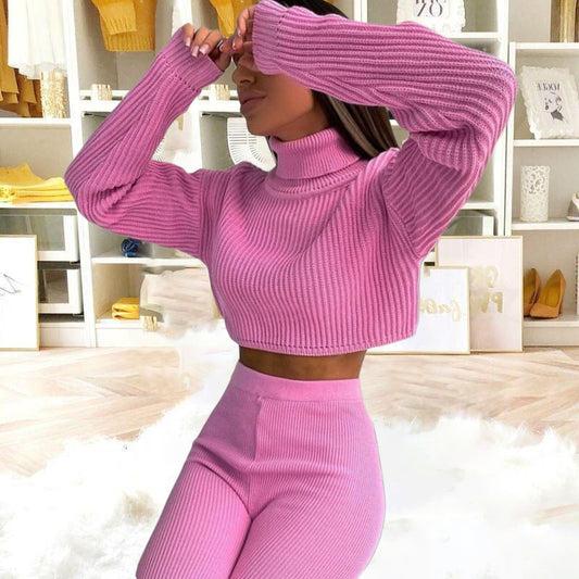 Conjunto de dos piezas de top y pantalón de punto de manga larga con cuello alto y color liso informal para mujer