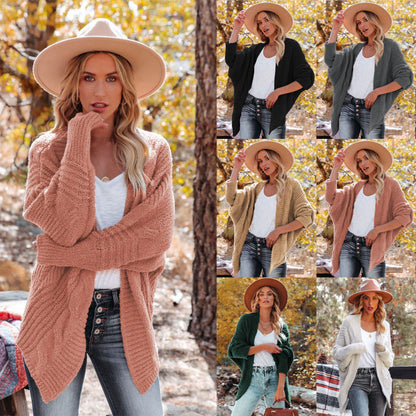 Cárdigan de punto de felpa de manga larga de color liso informal de invierno para mujer