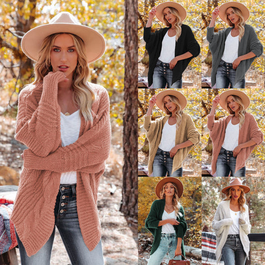 Cárdigan de punto de felpa de manga larga de color liso informal de invierno para mujer