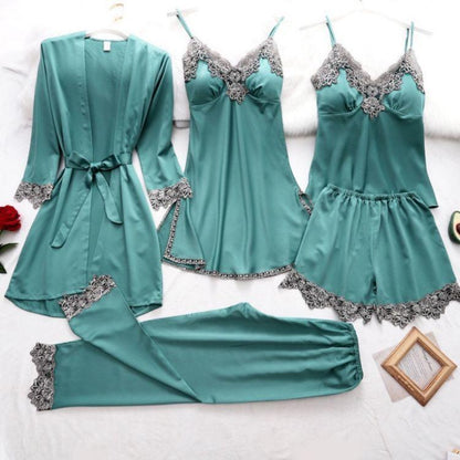 Conjunto de pijama de cinco piezas para mujer, elegante, informal, con bloques de color, de satén, sin mangas y pantalones cortos