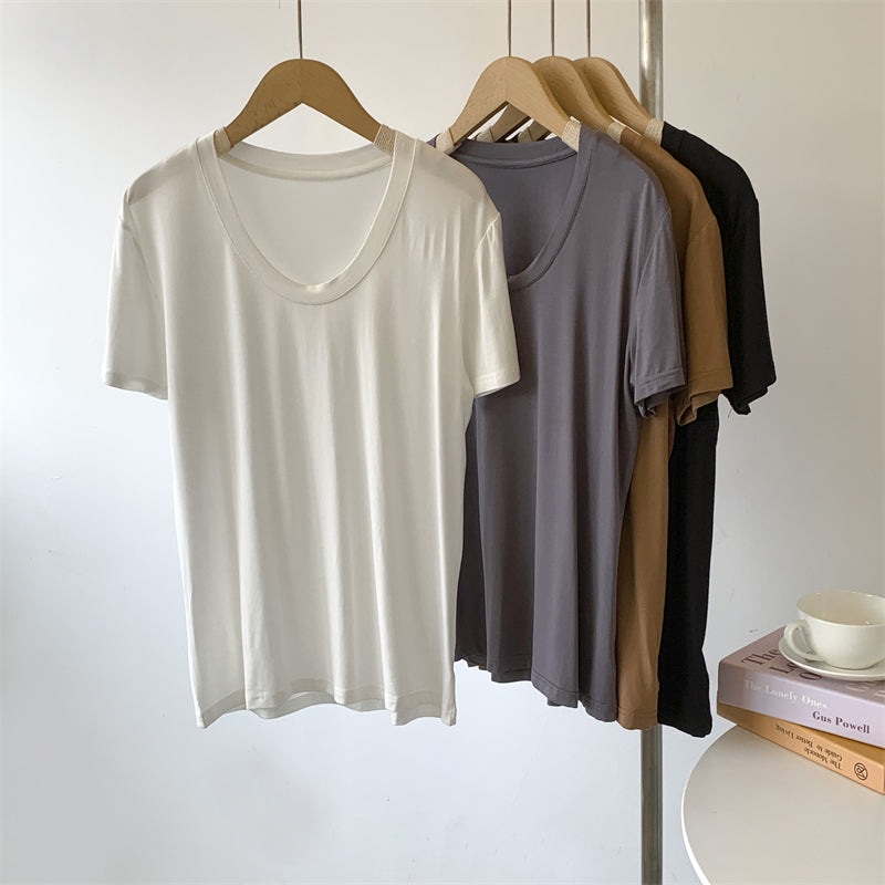Camiseta informal de verano para mujer, color liso, cuello en U, manga corta, sin mangas
