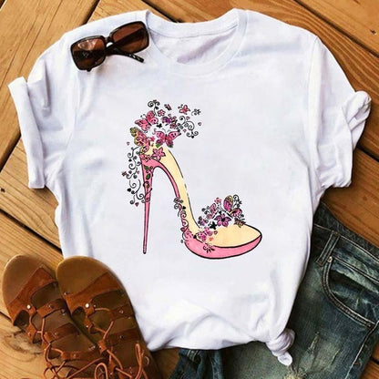 Camiseta informal de manga corta con cuello redondo y estampado de labios para mujer