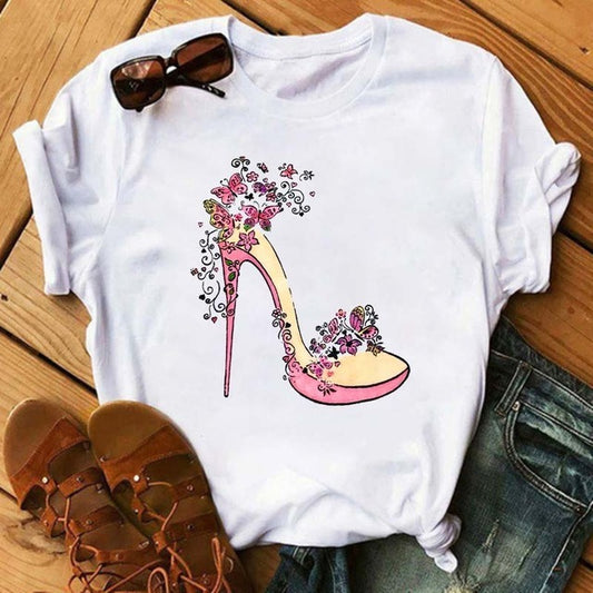 Camiseta informal de manga corta con cuello redondo y estampado de labios para mujer