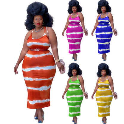 Vestido largo sexy informal de talla grande con rayas en contraste de color y cuello en U para mujer