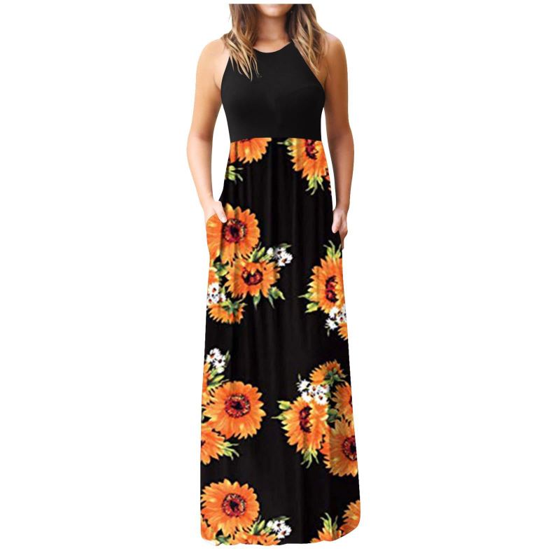 Women Fashion Casual Floral Printing Maxi Dress