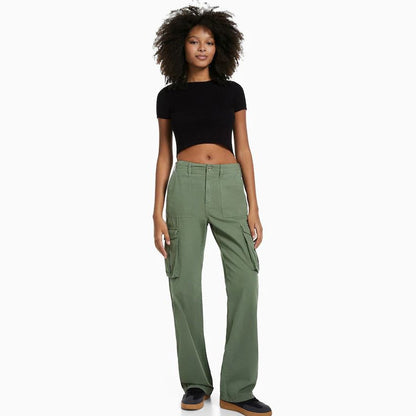 Women Fashion Casual Solid Color High Waist Pockets Cargo Pants