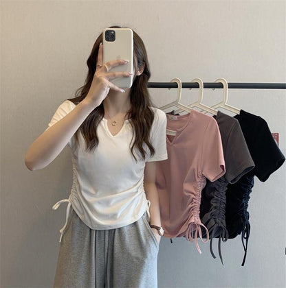 Summer Women Casual V-Neck Short-Sleeved Drawstring T-Shirt