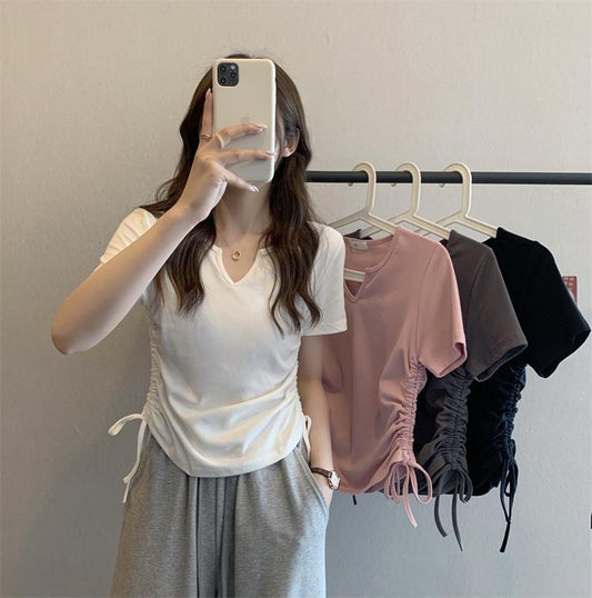 Summer Women Casual V-Neck Short-Sleeved Drawstring T-Shirt