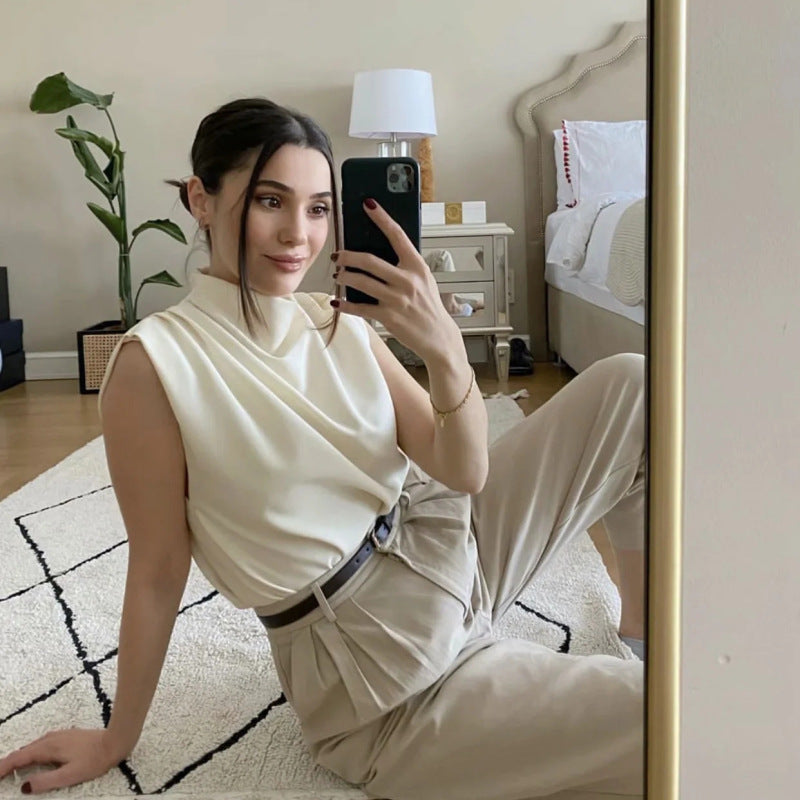 Camisa informal de verano para mujer, sin mangas, con cuello, holgada, de color liso