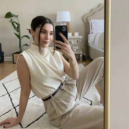 Camisa informal de verano para mujer, sin mangas, con cuello, holgada, de color liso