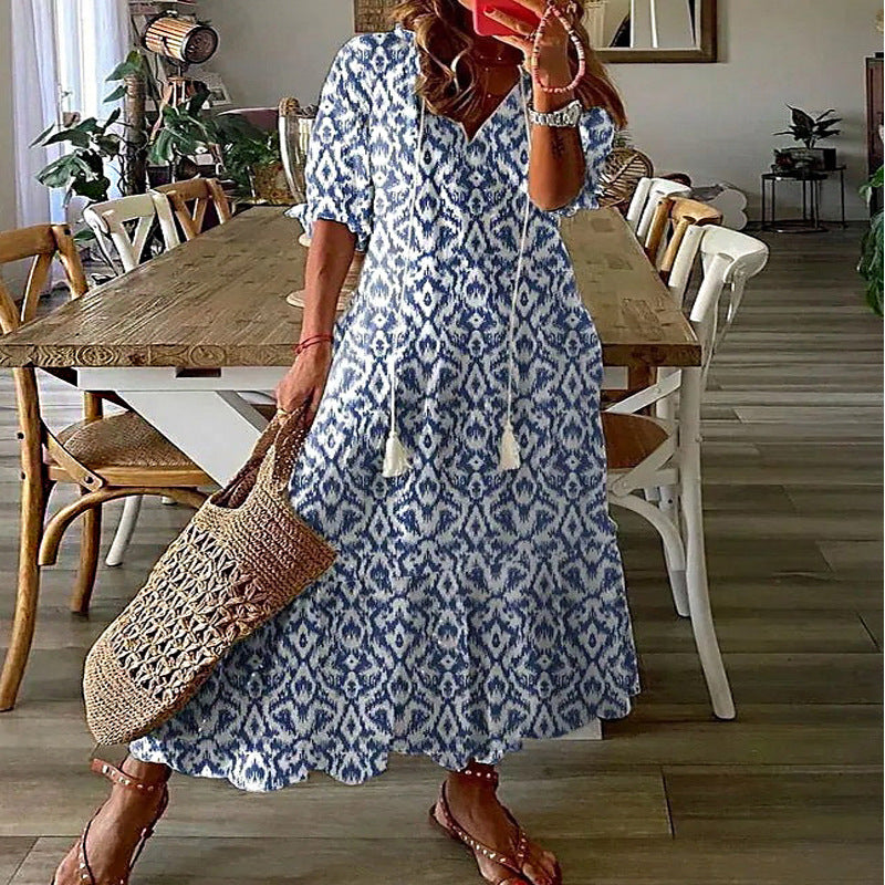 Women Casual Loose V Neck Floral Maxi Dress