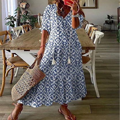 Women Casual Loose V Neck Floral Maxi Dress