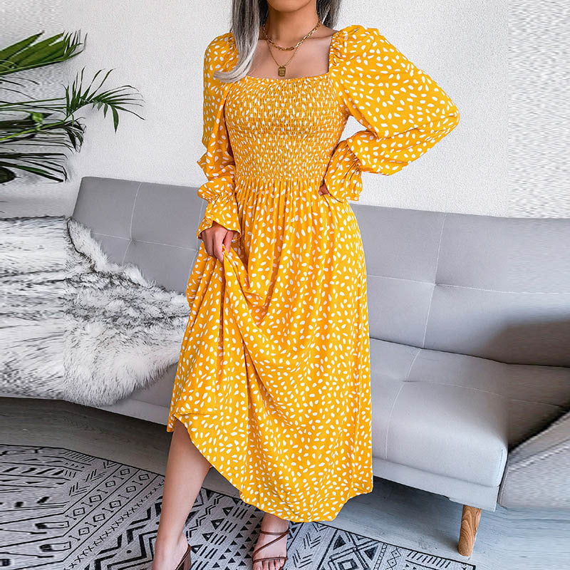 Women Fashion Casual Vacation Beach Dot Print Square Collar Long Sleeve Maxi Dress