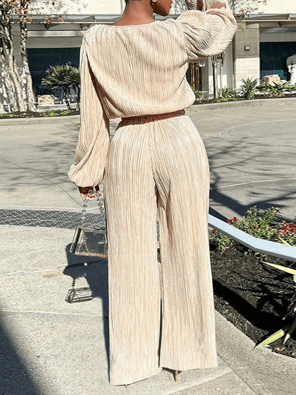 Conjunto de dos piezas de pantalón recto y top holgado de manga larga plisado informal a la moda para mujer