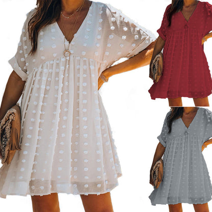 Women Solid Color V-Neck Chiffon Sweet Polka Dot Loose Casual Short Sleeve Dress
