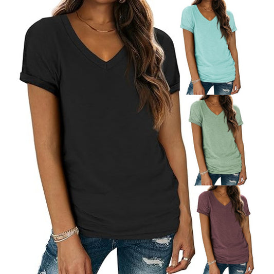 Camiseta informal de verano para mujer, color liso, cuello en V, manga corta, sin mangas