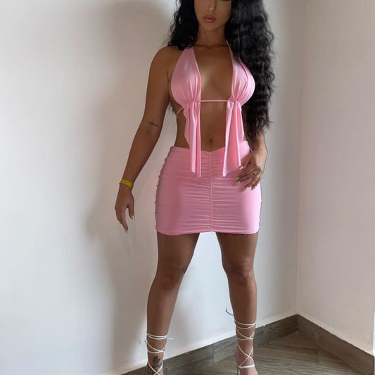 Conjunto de dos piezas de top y falda irregulares con tirantes halter de color liso para mujer