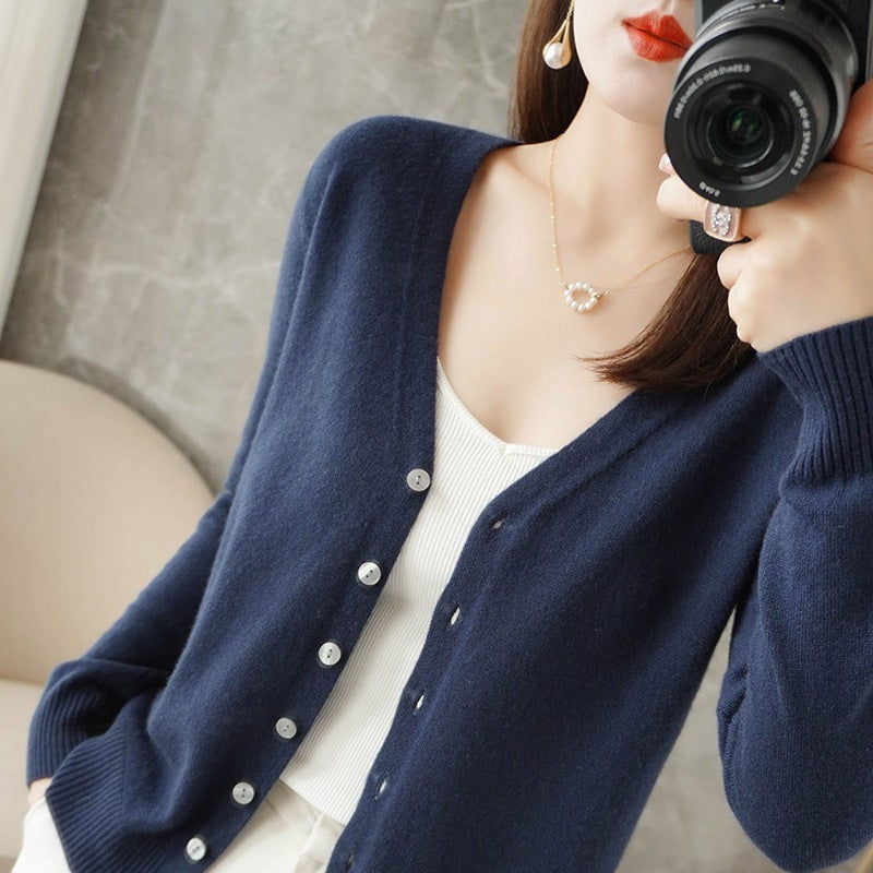 Chaqueta de punto con cuello en V informal de manga larga para mujer