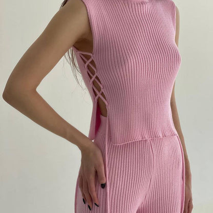 Conjunto de 2 piezas de top de punto sin mangas con cordones y pantalones casuales de cintura alta de color sólido para mujer
