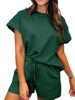 Conjunto de dos piezas informal para mujer, color liso, cuello redondo, manga corta, pantalones cortos con cordones