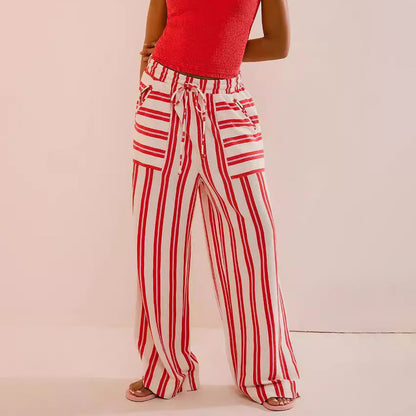 Women Fashion Casual Stripe Pocket Drawstring Wide Leg Pants