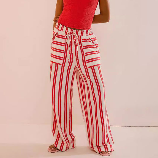 Women Fashion Casual Stripe Pocket Drawstring Wide Leg Pants
